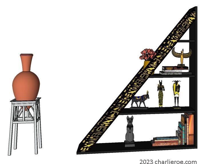 new ancient Egyptian Revival style pyramid shaped painted black display bookcase shelving unit with decorative Egyptian Heiroglyph designs