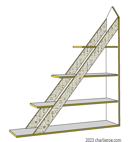 new ancient Egyptian Revival style pyramid shaped painted white & gold display bookcase shelving unit with decorative Egyptian Heiroglyph designs