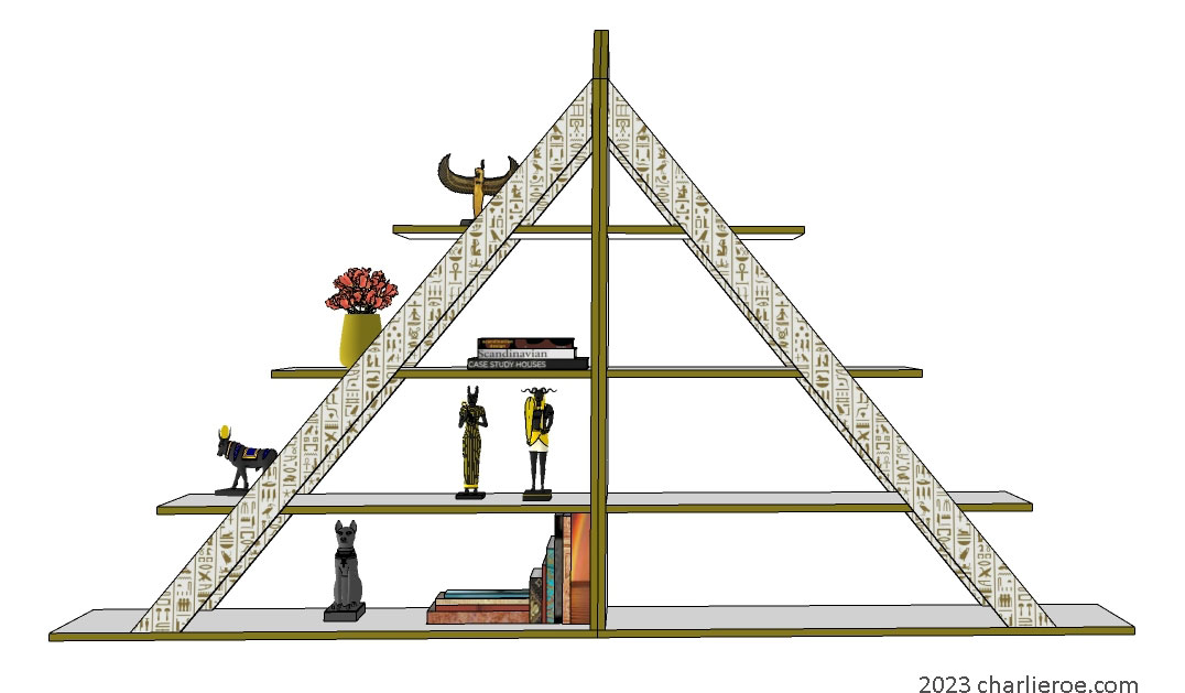 new ancient Egyptian Revival style pyramid shaped painted black display bookcase shelving unit with decorative Egyptian Heiroglyph designs