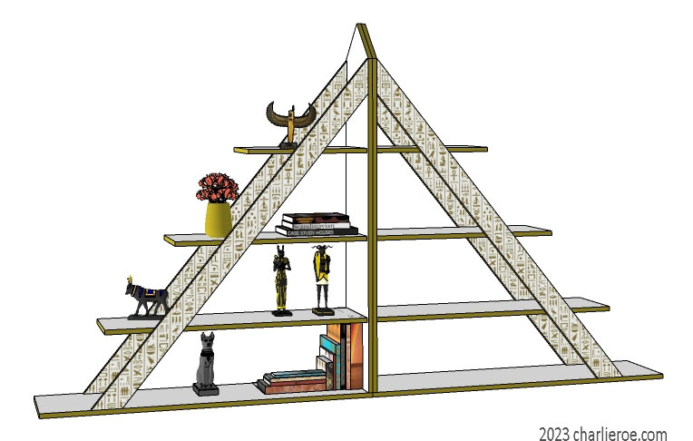 new ancient Egyptian Revival style pyramid shaped painted black display bookcase shelving unit with decorative Egyptian Heiroglyph designs