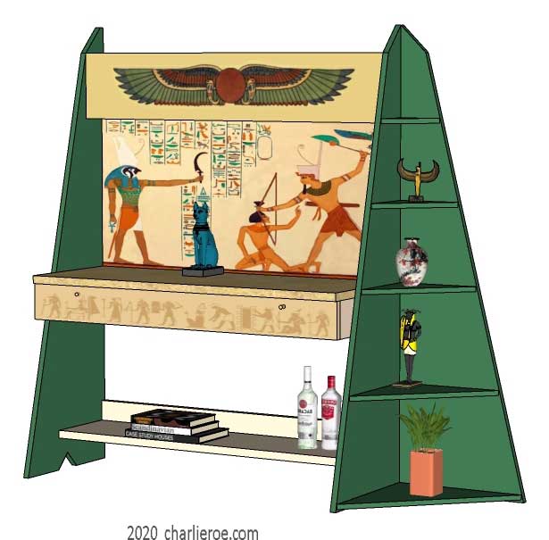 new ancient Egyptian Revival style painted sideboard with sloping sides & decorative Egyptian designs