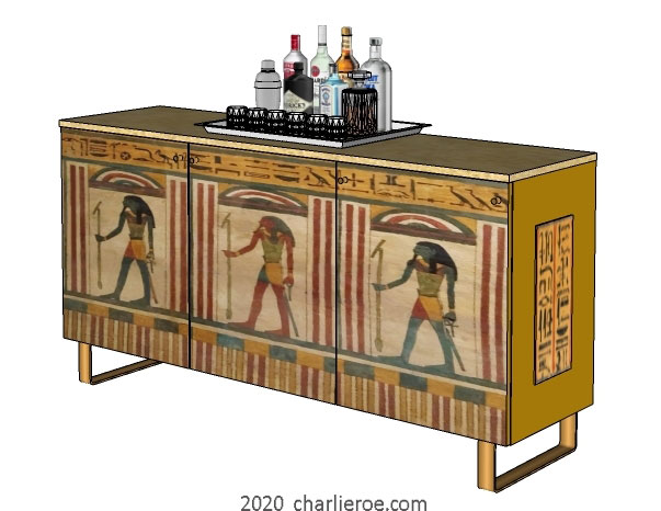 new ancient Egyptian Revival style painted 3 door sideboard drinks cabinet with decorative Egyptian designs & sledge feet