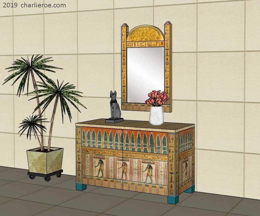 new ancient Egyptian Revival style painted 2 door sideboard drinks cabinet with decorative Egyptian designs & sledge feet