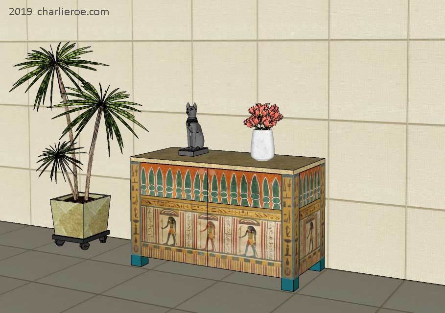 new ancient Egyptian Revival style painted 2 door sideboard drinks cabinet with decorative Egyptian designs & sledge feet