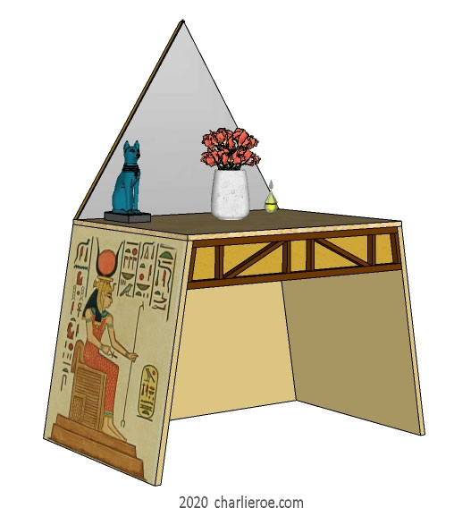 new ancient Egyptian Revival style desk or console table with sloped sides & decorative egyptian painting & pyramid shaped mirror