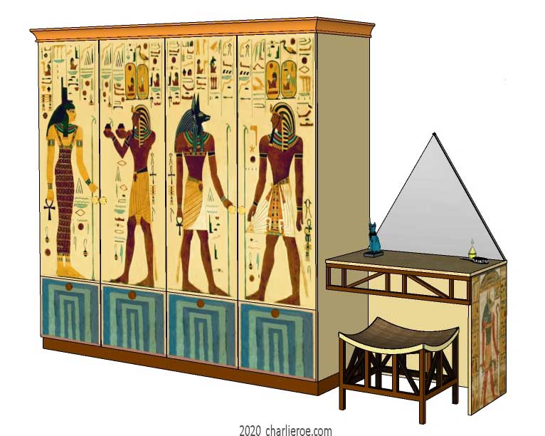 new ancient Egyptian Revival style wardrobes with desk or console table with decorative egyptian painting