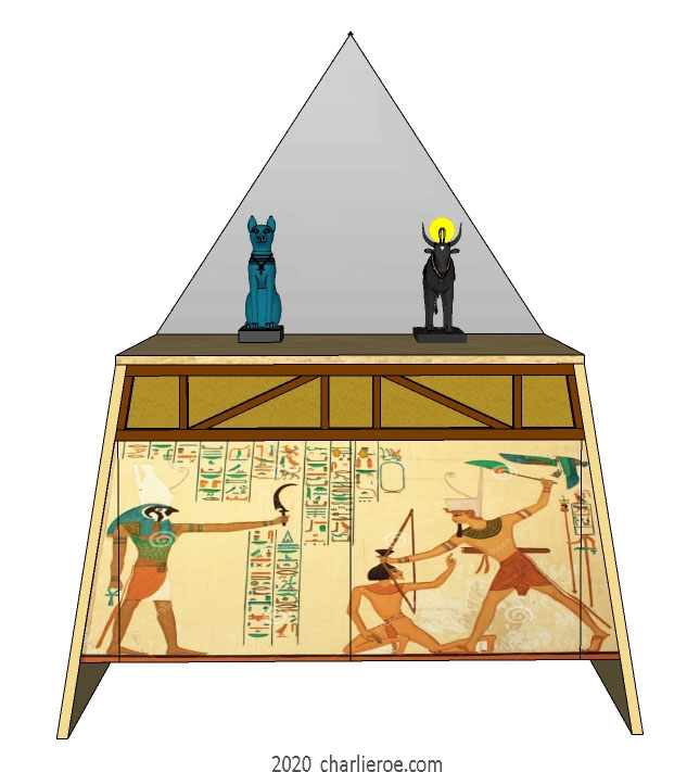 new ancient Egyptian Revival style sideboard with sloped sides & decorative egyptian painting & pyramid shaped mirror
