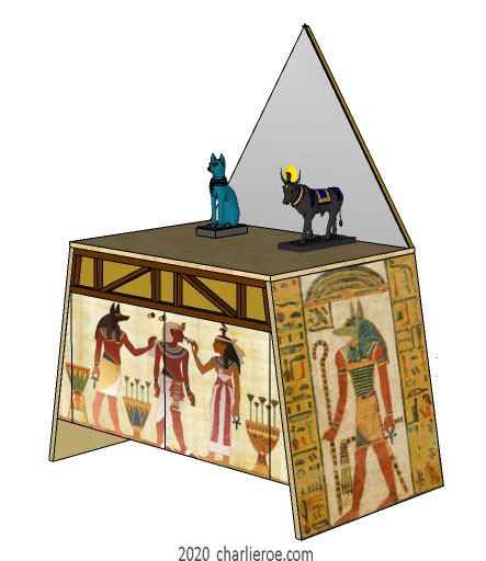 new ancient Egyptian Revival style sideboard with sloped sides & decorative egyptian painting & pyramid shaped mirror