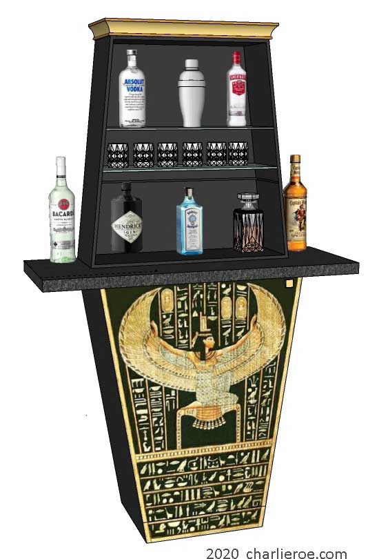 new ancient Egyptian Revival style Pylon shaped painted drinks cabinet bar with decorative Egyptian designs