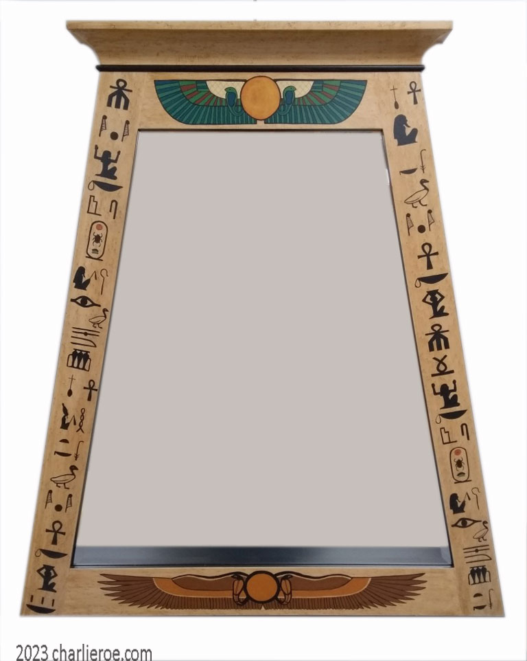 new ancient Egyptian Revival style Pylon shaped painted wall mirror frame with decorative Egyptian hieroglyph designs