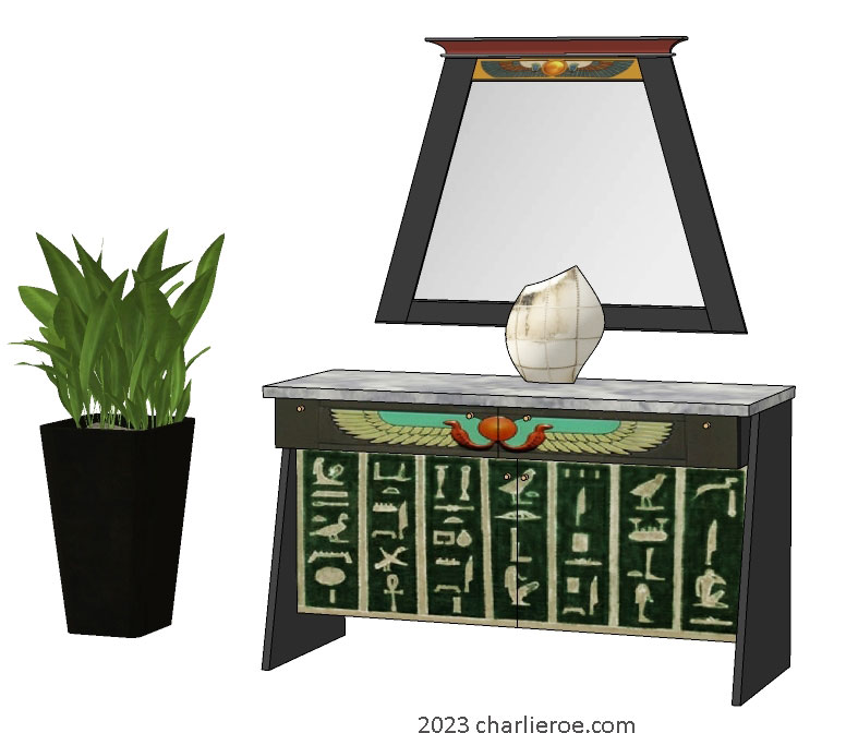 new ancient Egyptian Revival style painted 2 door console table cabinet with decorative Egyptian designs and matching wall mirror