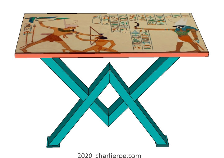 new ancient Egyptian Revival style console side table with painted steel Pyramid shaped bases & ornate Egyptian style designs