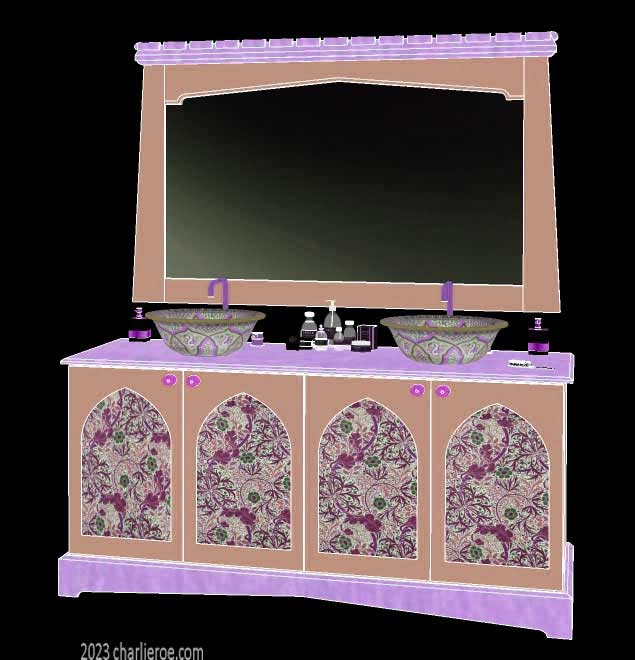 new Reformed Gothic Revival Gothique Gotik 4 door painted vanity unit cabinet with decorative Lancet door panels and matching large wall mirror