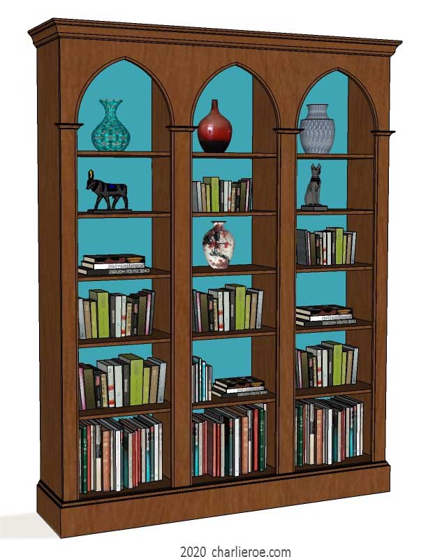 new Reformed Gothic Revival style wood & painted triple bay bookcase
