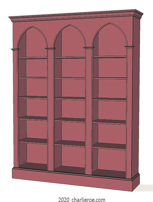 new Reformed Gothic Revival style painted red triple bay dull red bookcase