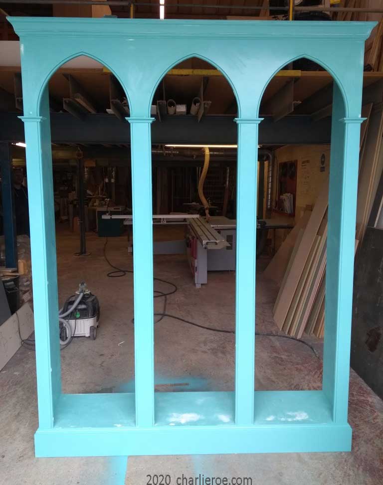 new Reformed Gothic Revival style wood & painted triple bay bookcase