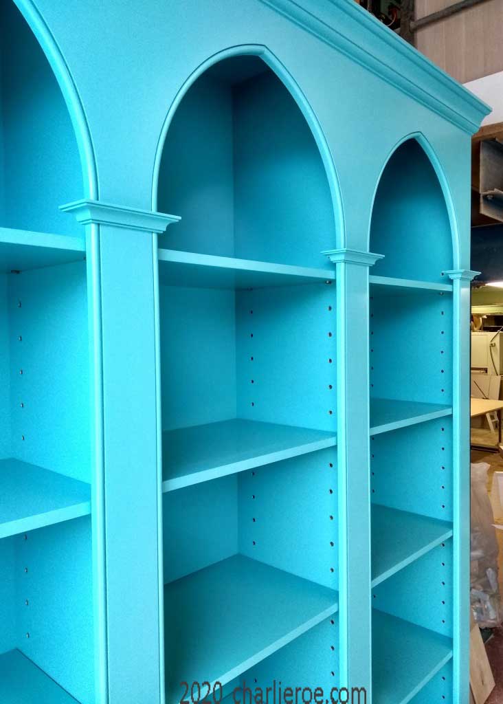 new Reformed Gothic Revival style blue painted triple bay bookcase