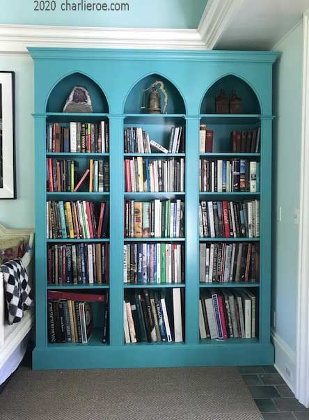 new Reformed Gothic Revival style blue painted triple bay bookcase