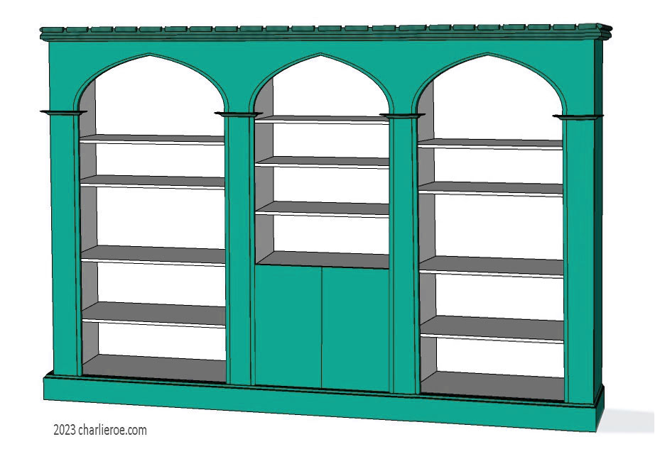 new Gothic Gotik Gothique style painted triple 3 bay bookcase with 2 door cupboard