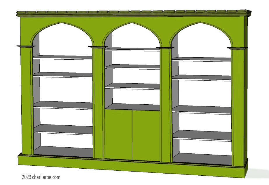 new Gothic Gotik Gothique style painted triple 3 bay bookcase with 2 door cupboard