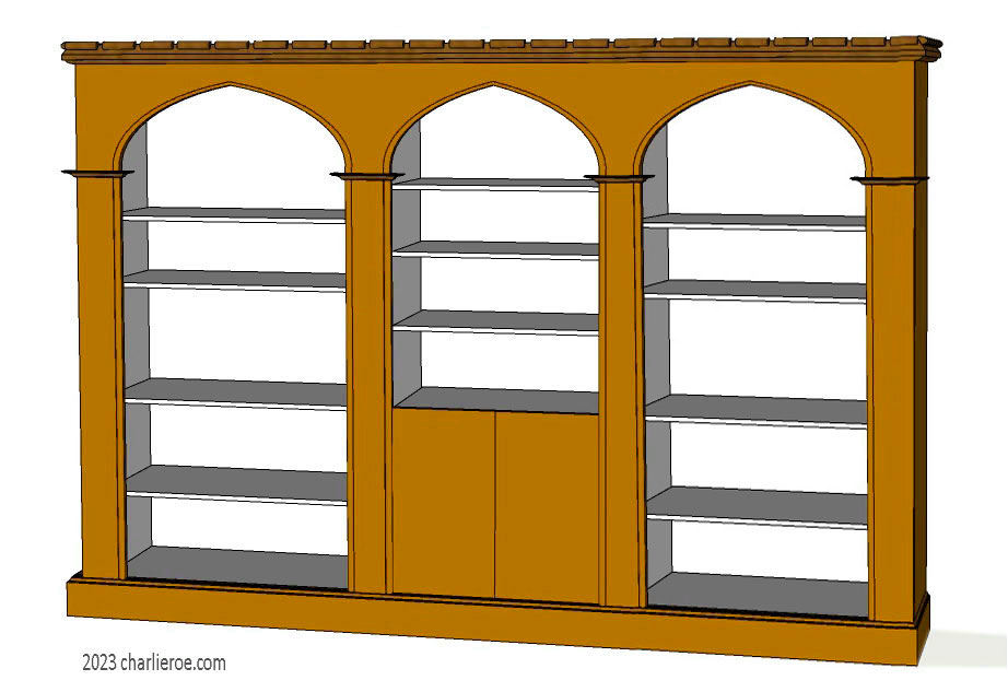 new Gothic Gotik Gothique style painted triple 3 bay bookcase with 2 door cupboard