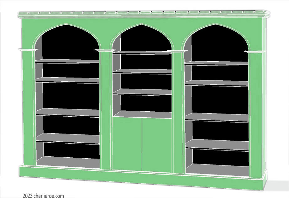 new Gothic Gotik Gothique style painted triple 3 bay bookcase with 2 door cupboard