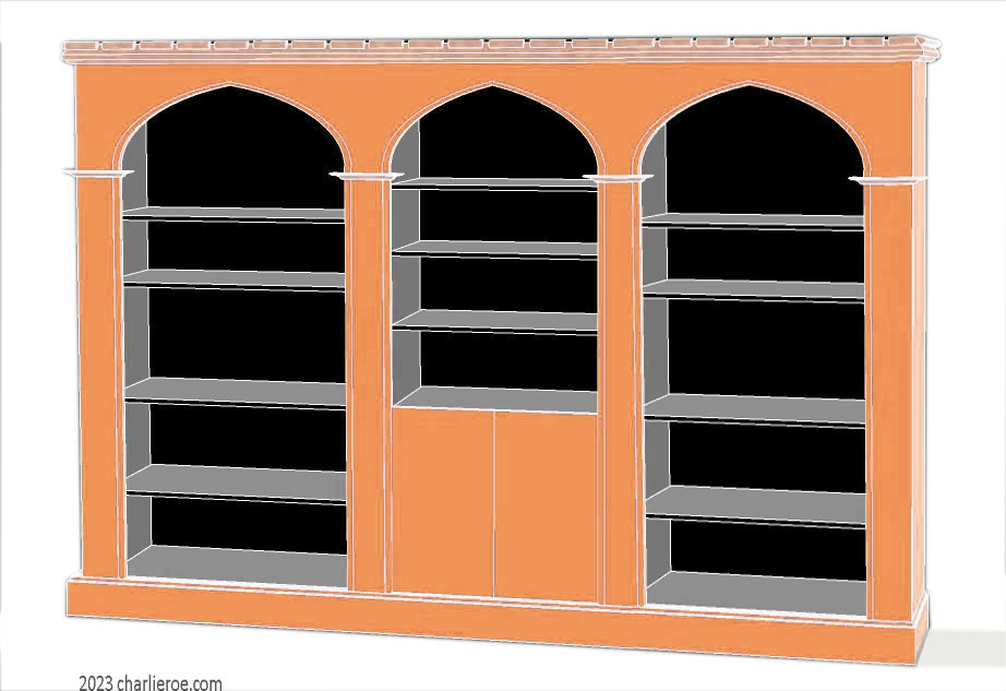 new Gothic Gotik Gothique style painted triple 3 bay bookcase with 2 door cupboard