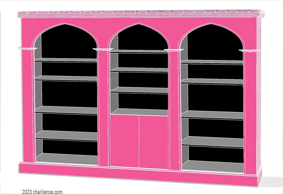 new Gothic Gotik Gothique style painted triple 3 bay bookcase with 2 door cupboard