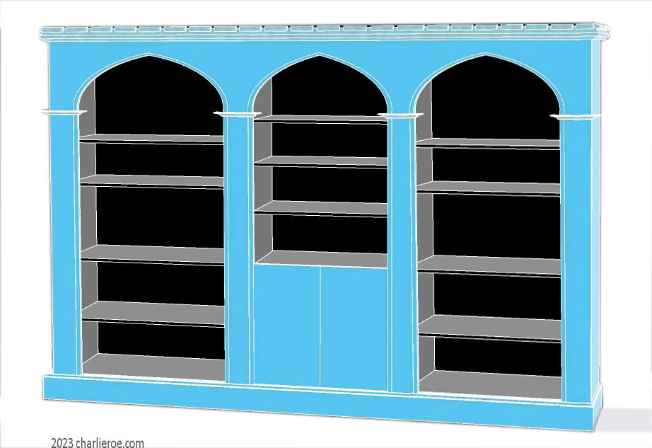 new Gothic Gotik Gothique style painted triple 3 bay bookcase with 2 door cupboard