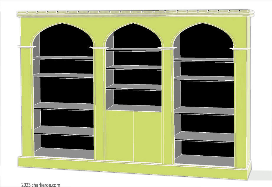 new Gothic Gotik Gothique style painted triple 3 bay bookcase with 2 door cupboard