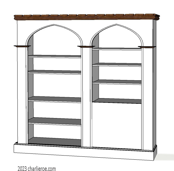new Gothic Gotik Gothique style painted double 2 bay bookcase with 2 door cupboard