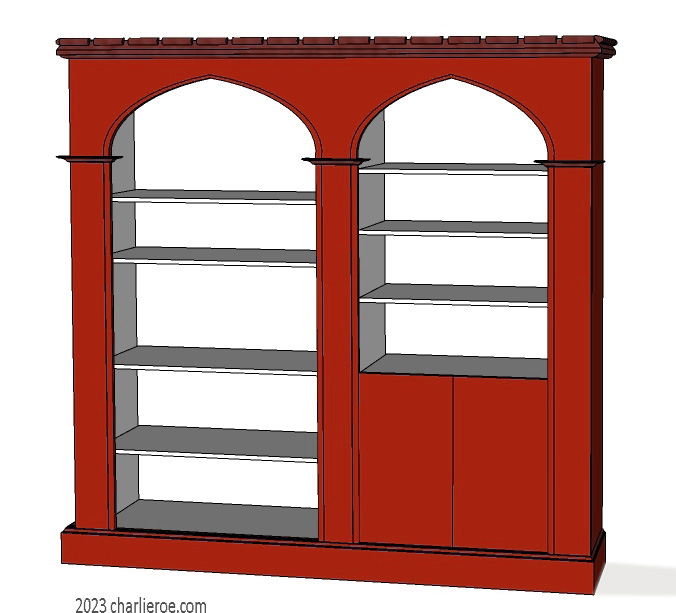 new Gothic Gotik Gothique style painted double 2 bay bookcase with 2 door cupboard