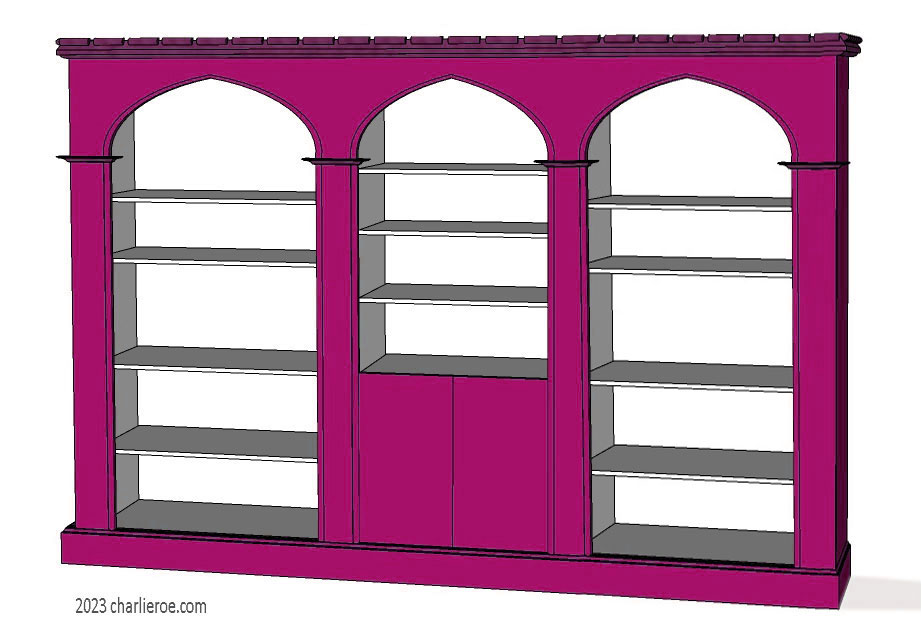 new Gothic Gotik Gothique style painted triple 3 bay bookcase with 2 door cupboard