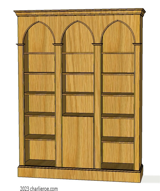 new Gothic Gotik Gothique style painted triple 3 bay bookcase with a cupboard