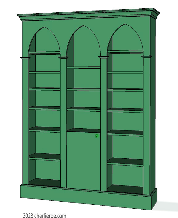 new Gothic Gotik Gothique style painted triple 3 bay bookcase with lancet arches & a cupboard painted green