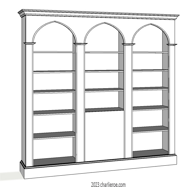 new Gothic Gotik Gothique style painted triple 3 bay bookcase with lancet arches & a cupboard
