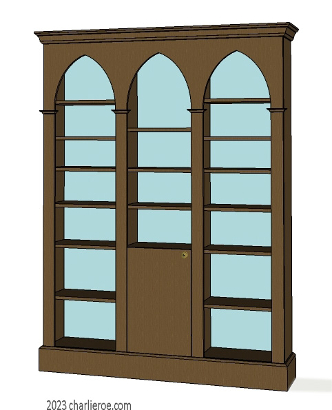 new Gothic Gotik Gothique style painted triple 3 bay bookcase with lancet arches & a cupboard