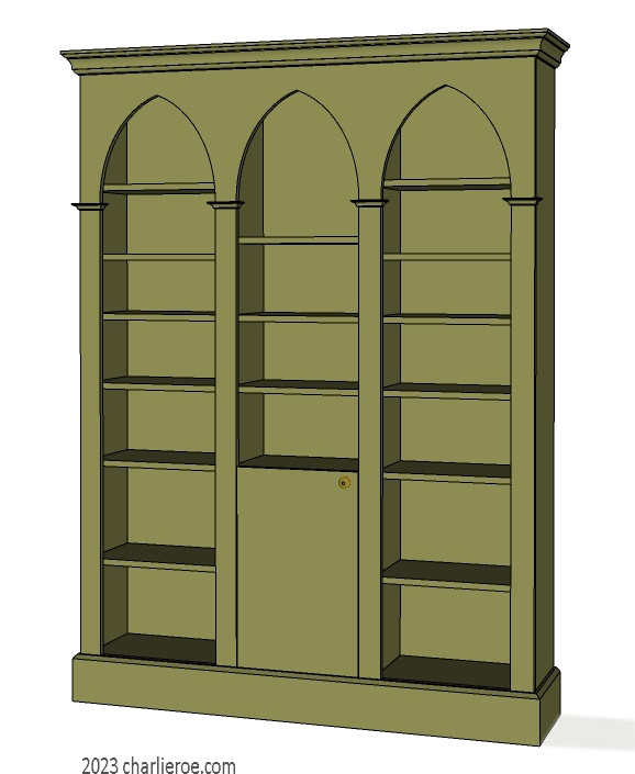 new Gothic Gotik Gothique style painted triple 3 bay bookcase with lancet arches & a cupboard