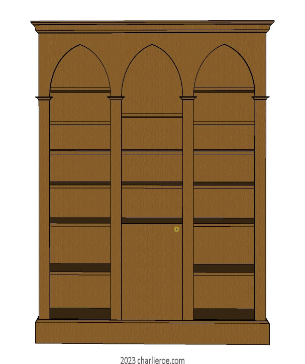 new Gothic Gotik Gothique style painted triple 3 bay bookcase with lancet arches & a cupboard