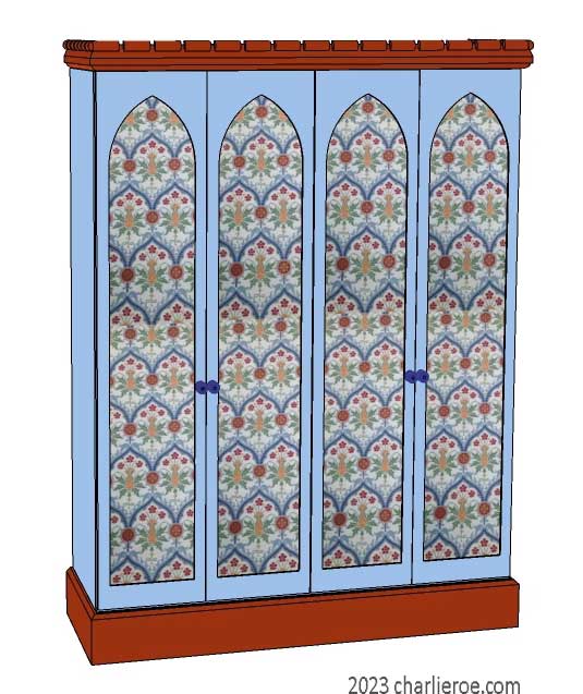 new Gothic Gotik Gothique style painted 4 door bookcase, with tall lancet arch door panels with decorative Gothic patterns