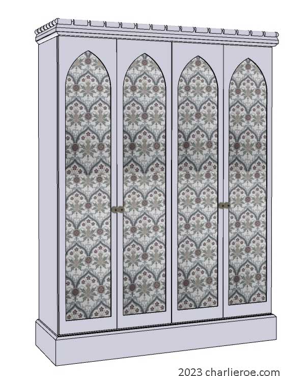 new Gothic Gotik Gothique style painted 4 door bookcase, with tall lancet arch door panels with decorative Gothic patterns