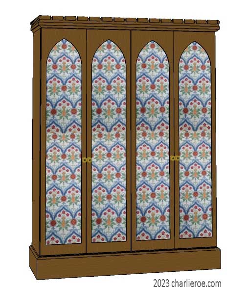new Gothic Gotik Gothique style painted 4 door bookcase, with tall lancet arch door panels with decorative Gothic patterns