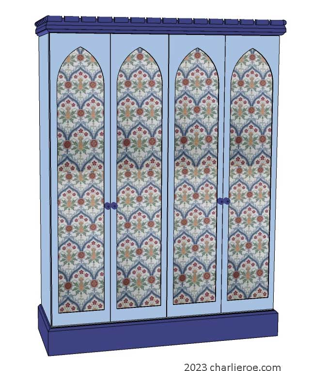 new Gothic Gotik Gothique style painted 4 door bookcase, with tall lancet arch door panels with decorative Gothic patterns