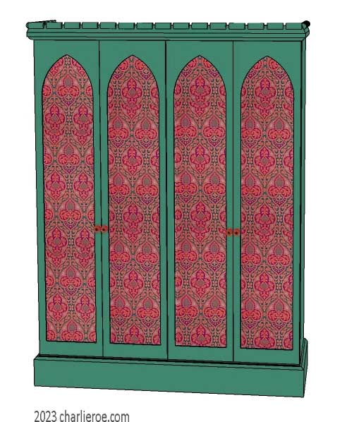 new Gothic Gotik Gothique style painted 4 door bookcase, with tall lancet arch door panels with decorative Gothic patterns