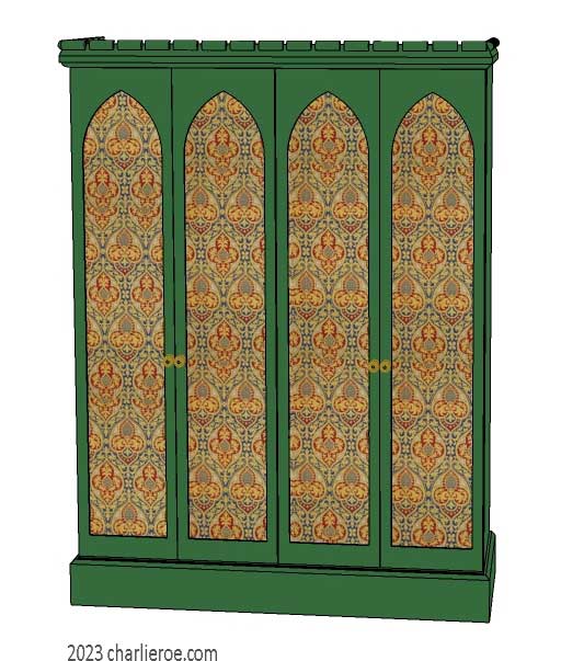 new Gothic Gotik Gothique style painted 4 door bookcase, with tall lancet arch door panels with decorative Gothic patterns