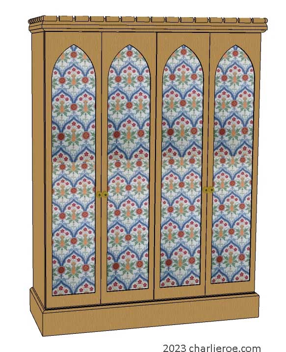 new Gothic Gotik Gothique style painted 4 door bookcase, with tall lancet arch door panels with decorative Gothic patterns