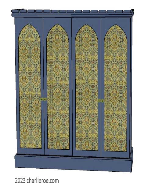 new Gothic Gotik Gothique style painted 4 door bookcase, with tall lancet arch door panels with decorative Gothic patterns