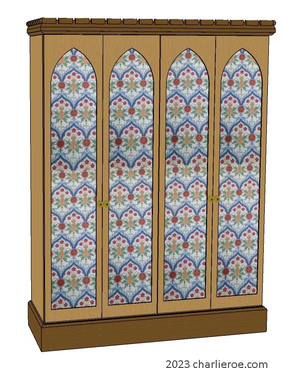 new Gothic Gotik Gothique style painted 4 door bookcase, with tall lancet arch door panels with decorative Gothic patterns