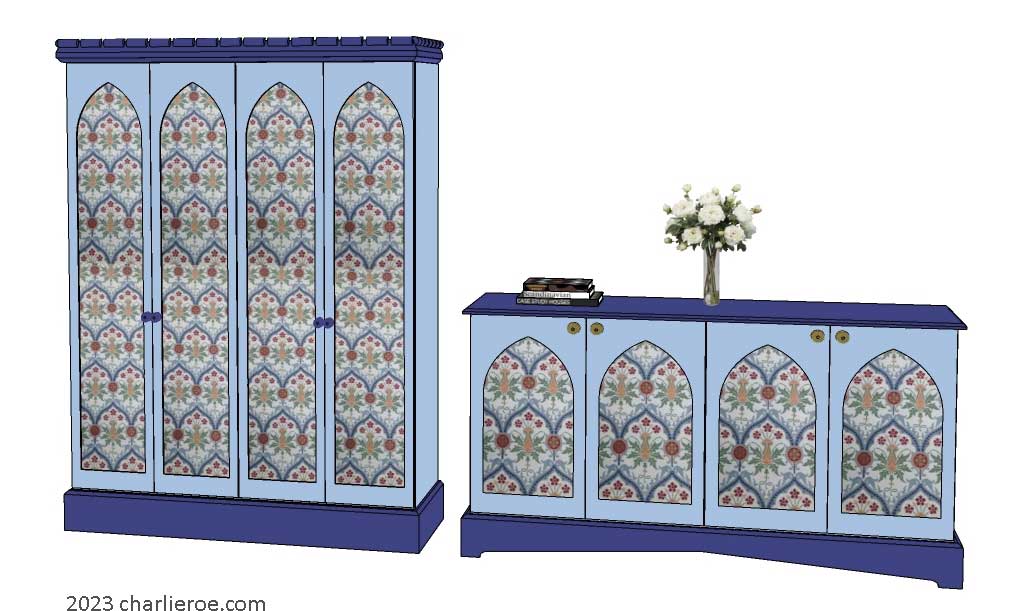 new Gothic Gotik Gothique style painted 4 door bookcase & matching 4 door sideboard, with lancet arch door panels with decorative Gothic patterns