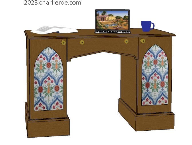 new Gothic Gotik Gothique style 2 door desk or dressing table, with lancet arch door panels with decorative Gothic patterns